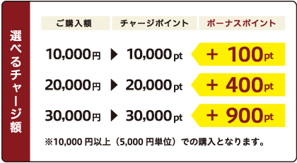 選べるチャージ額 ご購入額 チャージポイント ボーナスポイント 5,000円 5,000円 +50pt 10,000円 10,000円 +100pt 20,000円 20,000円 +400pt 30,000円 30,000円 +900pt 